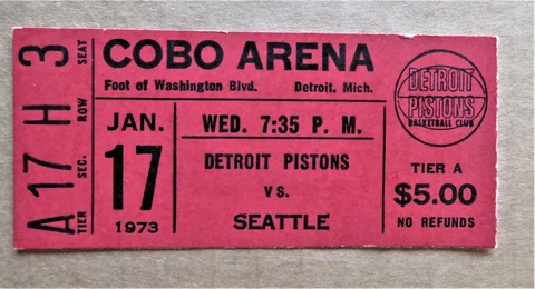 Detroit Pistons vs Seattle Supersonics Ticket stub Jan 17, 1973 - COBO Arena ! Cover
