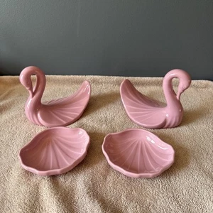 Vintage Pink Ceramic Swan Figurines & Shell Dishes Set | MCM - Kitsch - Regency - Picture 1 of 8
