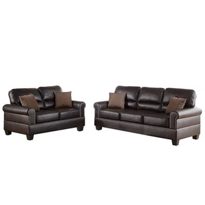 Poundex Furniture 2 Piece Faux Leather Sofa and Loveseat Set in Espresso Color - Picture 1 of 7