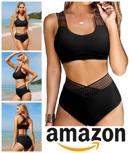 Womens Bikini Set Size M Racer Removable Padding Non Wired Mid Rise Mesh - Black - Picture 1 of 7