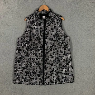 J. Jill Down Vest Women's XL Black & White Quilted Floral Print Full Zip Puffer - Image 1 of 4
