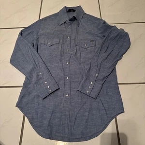 Vintage 70s Sears Pearl Snap Shirt Sz M 20x25.5 Blue Chambray Denim Western Wear - Picture 1 of 12