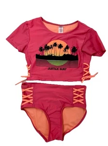 Justice Girl Rash Guard SET 2 pc Pink Palm Surf Swimsuit Size M (10) Pre-Owed - Picture 1 of 9