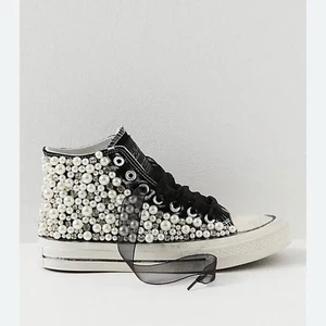NWOB Free People Nanku Pearl Crush Hi Top Sneakers Shoes Black Sz US 8.5 EUR 39 - Picture 1 of 7