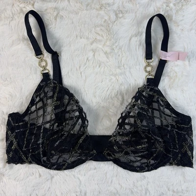 Sujetador Victoria's Secret Negro Oscuro Malla Encaje Brillante Demi 36B Detalle Dorado Nuevo con Etiquetas Foto 1 de 4