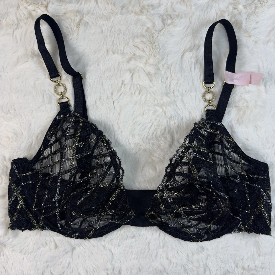 Sujetador Victoria's Secret Negro Oscuro Malla Encaje Brillante Demi 34C Detalle Dorado Nuevo con Etiquetas Foto 1 de 4