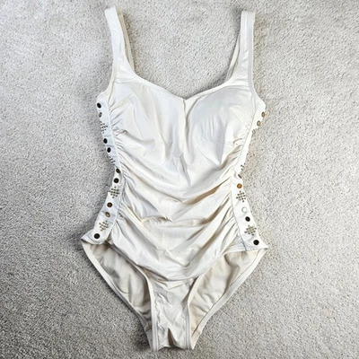 Maiô Michael Kors One Piece Off White Gold cravejado tamanho 10 verão praia - Imagem 1 de 4