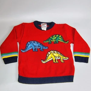 Plaid Moose Dinosaur Crewneck Sweater Red Blue Dino Long Sleeve Vtg Knit - Picture 1 of 12