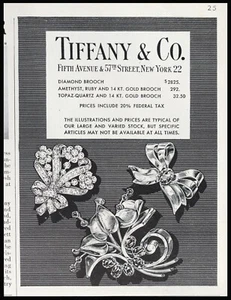 1945 TIFFANY Brooches Pins Women's Jewelry with pricing Vtg PRINT AD - Bild 1 von 1