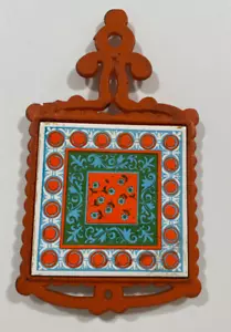 Vintage 70er Gusseisen Untersetzer mit Fliese Made in Japan orange, Blumen, Landhaus Küche - Bild 1 von 5