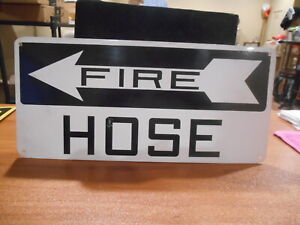 Vintage Black & White Two Sided Metal Fire Hose Sign With Directional Arrows