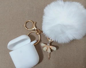 Ballerina Pompom Keychain Ring with Airpod Headphone Case White Gold Charm - Picture 1 of 4