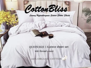 Hypoallergenic 100% organic cotton sateen Queen size bed sheets with Duvet cover - Picture 1 of 4