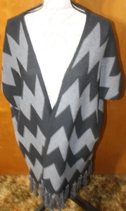 POL Chevron Cardigan Sweater Fringe Trim Open Front Black/Gray Shawl Topper L - Picture 1 of 7