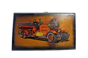FIRETRUCK DECOPAGE ON KNOTTY PINE WALL DECOR - Picture 1 of 2