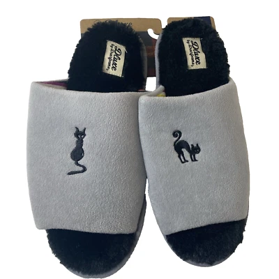 Zapatillas Dluxe Dearfoams Gato Negro Espuma con Memoria Gris Grande 9-10 Nuevas Halloween Foto 1 de 4