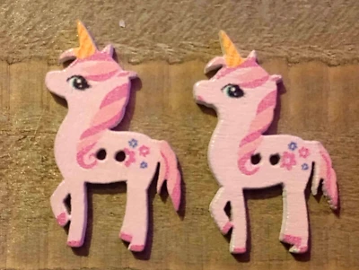 2 Unicorn Shape Buttons Sewing Crafting Pink Wood 1 1/8"  - Image 1 of 2