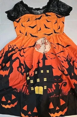 Adult Womens Halloween Costume Black Cat Orange Witch Art Decorated Dress Sz M  - Image 1 of 4