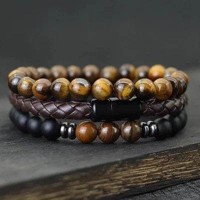 Conjunto de pulseira masculina 3 peças couro e 8 mm ônix olho de tigre pedra fecho magnético - Imagem 1 de 4