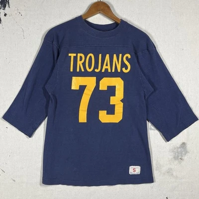 VINTAGE 60s 70s Champion Cotton Football Jersey T Shirt Size Small Trojans - Image 1 of 4