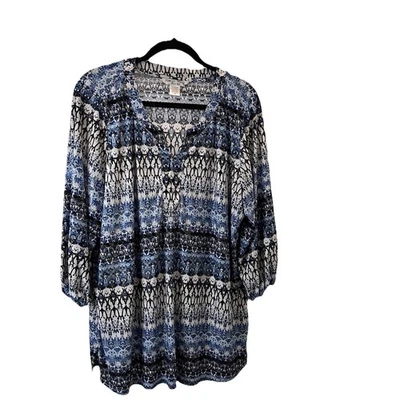 Rebecca Malone Plus Size Blue White Shiny Metallic Geometric Tunic Top Womens 2X - Image 1 of 4