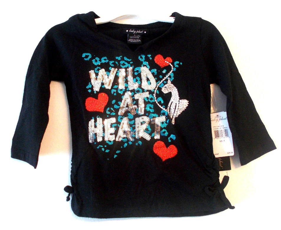 Camisa Baby Phat Girls Wild at Heart manga 3/4 com logotipo preta tamanho 4, 5-6, 6X nova com etiquetas - Imagem 1 de 1
