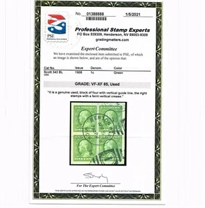 EXCELLENT GENUINE SCOTT #343 USED 1908 GUIDE LINE BLOCK PSE CERT GRADED VF-XF 85 - Picture 1 of 3