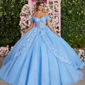 Sky Blue Quinceanera Dresses Sweet 15 16 Off the Shoulder Party Prom Ball Gown - Picture 1 of 9