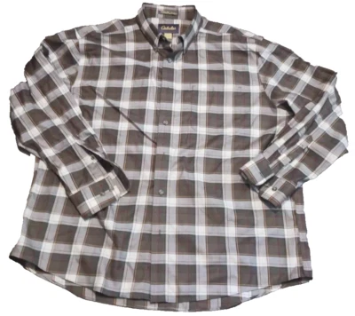 Camisa masculina Cabela 2XL verde bege xadrez manga longa botão para cima sem rugas - Imagem 1 de 4