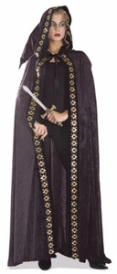 Cape Beautiful Black Velour Full Length Hooded Cloak W/ Gold & Red Print Design - Picture 1 of 7