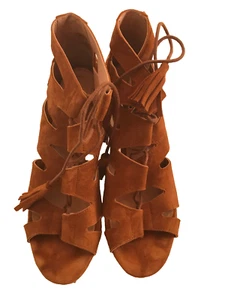 MARION TOUFET CAMEL LACE UP SANDALS HIGH BLOCK HEELS SIZE 8 41 - Picture 1 of 6