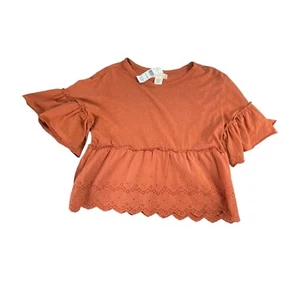 Altar'd State Eyelet Peplum Top Size S Orange Girls Ruffle Sleeve Cotton Summer - Picture 1 of 6