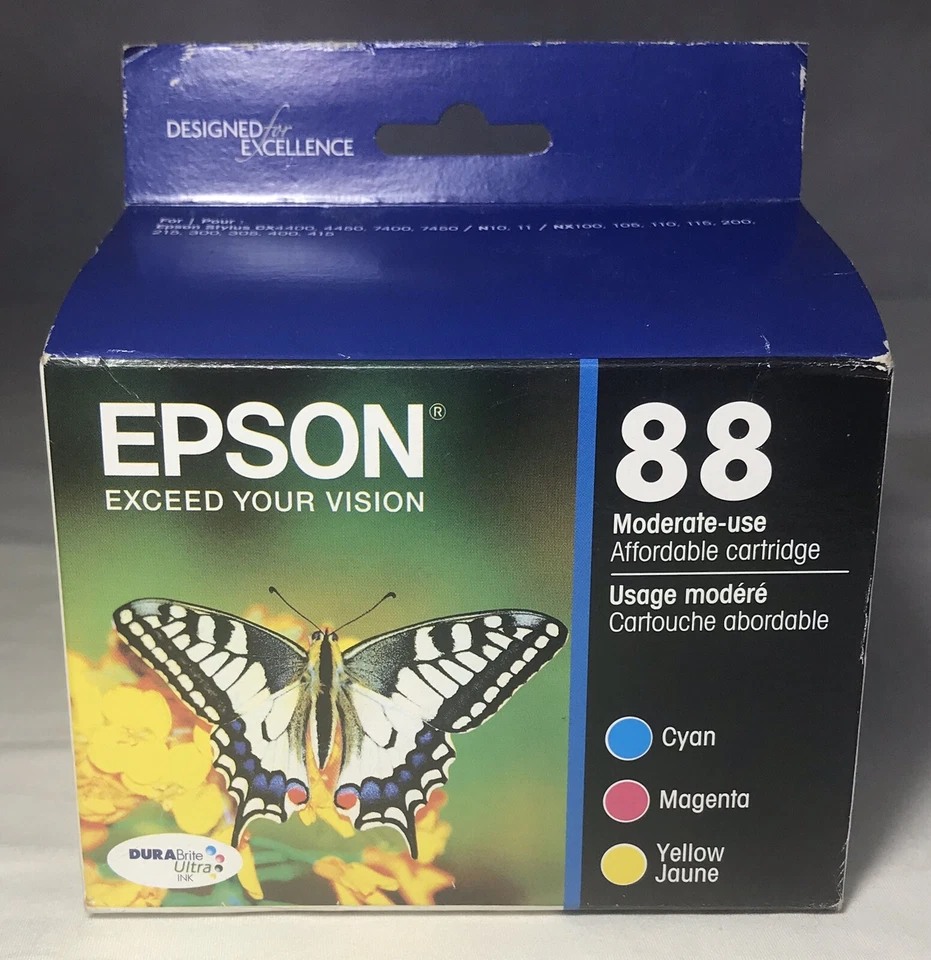 3 Genuine Epson 88 Color Ink Cartridges Moderate Use T088520 Exp July 2018