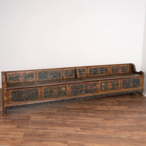 Antique 10' Long Original Blue Painted Bench With Storage, Hungary circa 1900 Cover