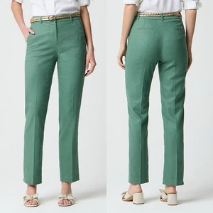 New J. Crew Pants Womens 4 Petite Kallie Stretch Linen Blend Straight Leg Green - Picture 1 of 16
