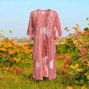 Time & Tru rosa Spitze Lagenlook Kimono Large/X-Large (L/XL) Morgenmantel Staubtuch Überwurf - Bild 1 von 9