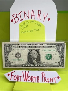 BINARY One Dollar Bill SEVENS & TWOS “G” Run $$$ fancy Serial number F/W Print - Picture 1 of 19