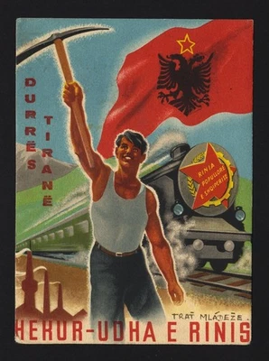 ALBANIA 1950 Railway Durres Tirana Propaganda Postcard to CSR, Airmail - Image 1 of 2