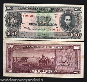BOLIVIA 100 BOLIVIANOS P142 1945 BUFFALO BOLIVAR TRACTOR NOTE AU LATINO BANKNOTE - Picture 1 of 1