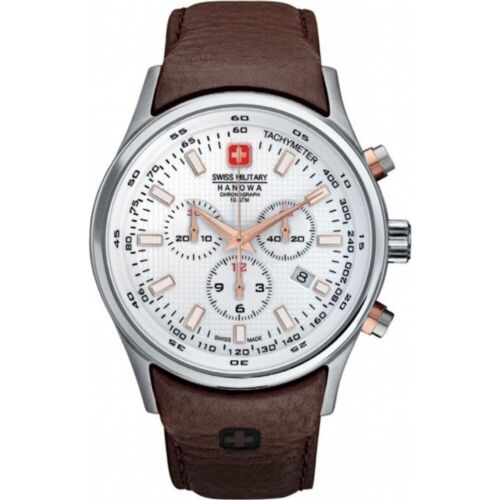 Swiss Military Gents Chronograph Watch with White Dial & Brown Leather Strap