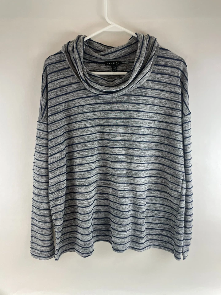 Tribal Shirt Women's Size Large Gray Heather Blue Stripes Cowl Neck Long Sleeve - Image 1 of 4