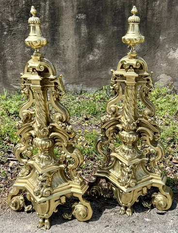 Antique Fireplace Andirons Fawn Neoclassical Brass Cir. 1900 Ornate mythological Cover
