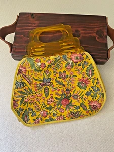 Vintage Purse Yellow Plastic Handles Removable Fabric Bag Pearl Snaps Flowers - Picture 1 of 10