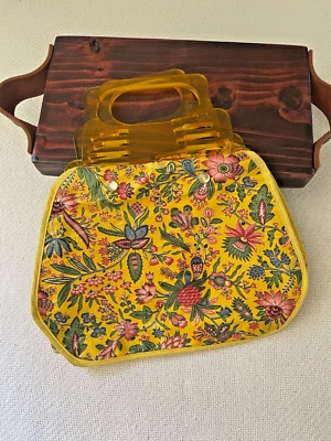 Vintage Purse Yellow Plastic Handles Removable Fabric Bag Pearl Snaps Flowers - Image 1 of 4