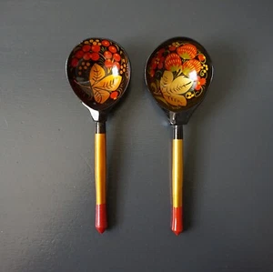 Russian Khokhloma Hohloma Wooden Spoons Lot of 2 Lacquer Hand Painted - Picture 1 of 17