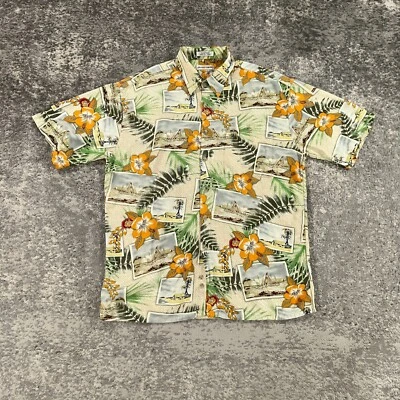 Vintage Pierre Cardin Shirt Mens Large L Beige Scenic Postcard Flower Print 90s - Image 1 of 4