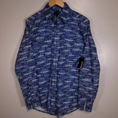 New George Men's S Blue Fish Roll Tab Long Sleeve Button Up Shirt 100% Cotton - Image 1 of 4