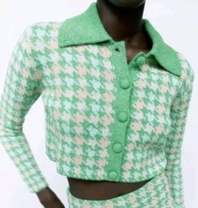 Zara Pink Green XL Houndstooth Cropped Sweater NWT As Seen On TV - Picture 1 of 12