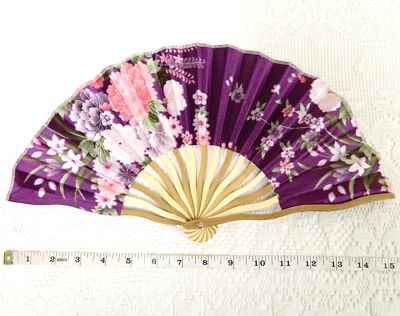 SILK Folding HAND HELD FAN Purple Pink FLORAL Wooden DANCE Wedding FAST SHIP - Image 1 of 4