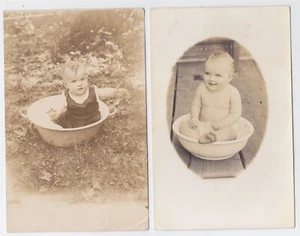 2 RPPC'S BABIES SITTING IN BIG POTS SO SWEET CIRCA 1908 - Picture 1 of 2